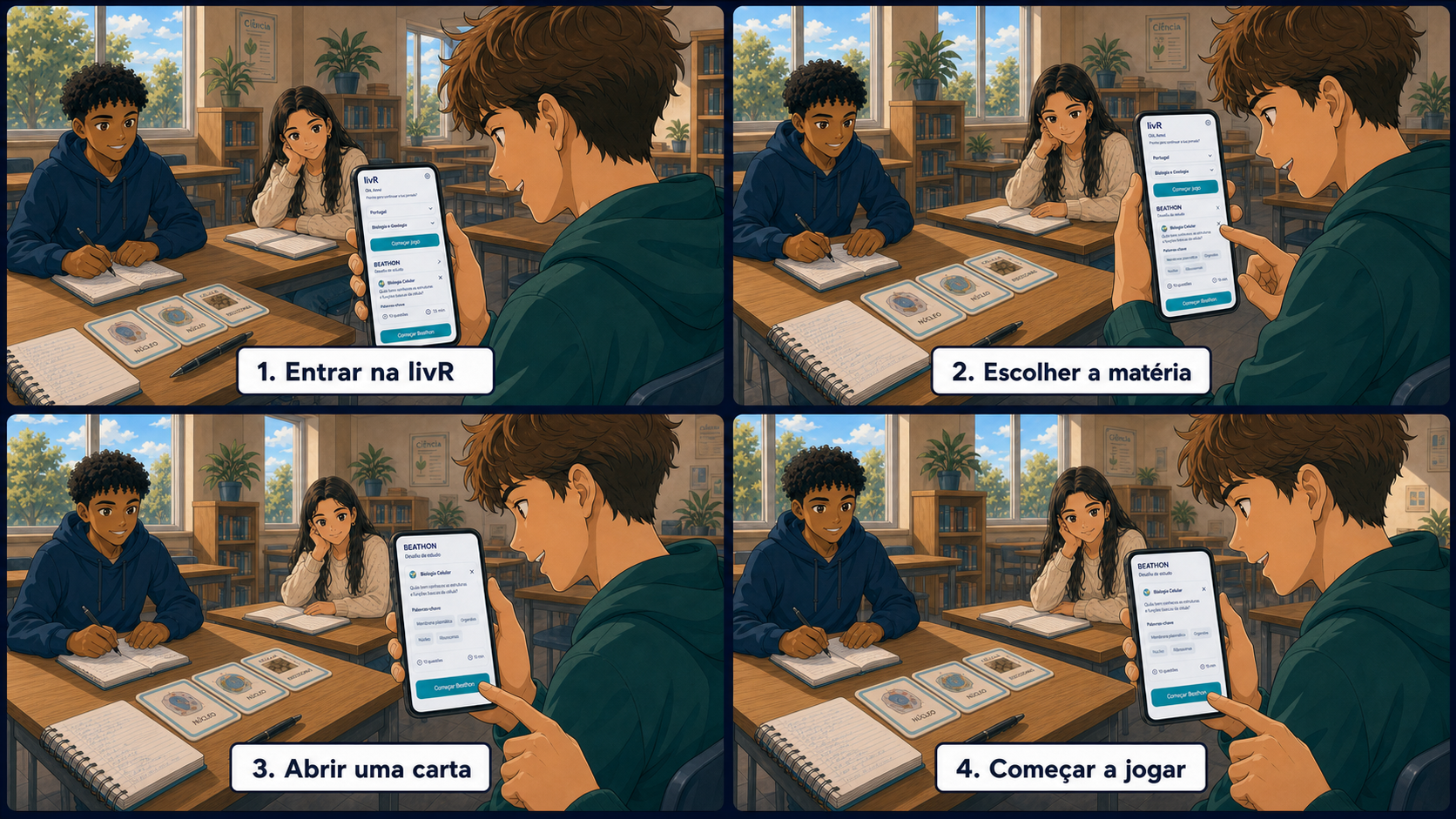 Banda desenhada em quatro passos: entrar na livR, escolher a matéria, abrir uma carta Beathon e começar a jogar
