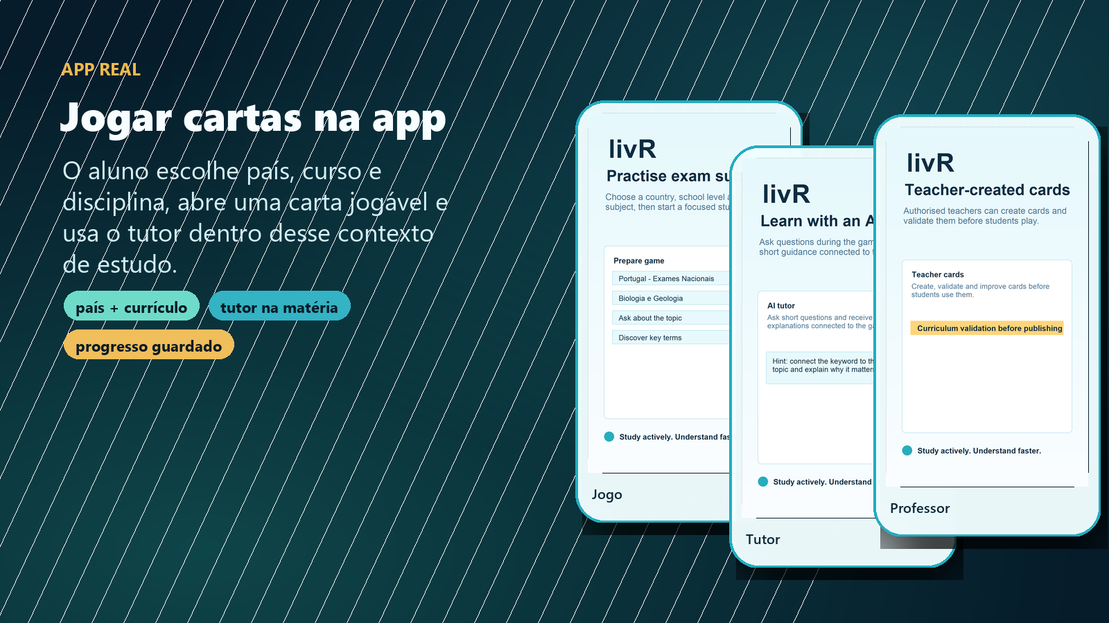 Real livR mobile screens showing study game, AI tutor and teacher cards